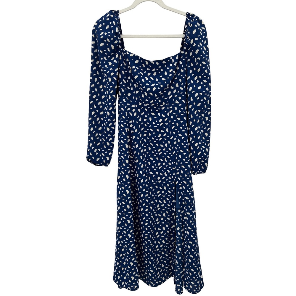 Commense Blue White Polka Dot Square Neck‎ Long Sleeve Midi Dress Small Smocked